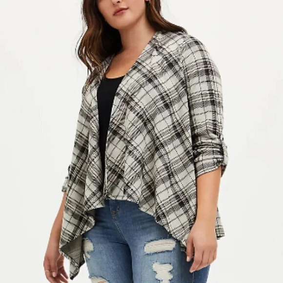 Torrid Gray Plaid Tab Sleeve Open Front Jacket Cardigan Women's Plus Size 1X - Picture 2 of 7